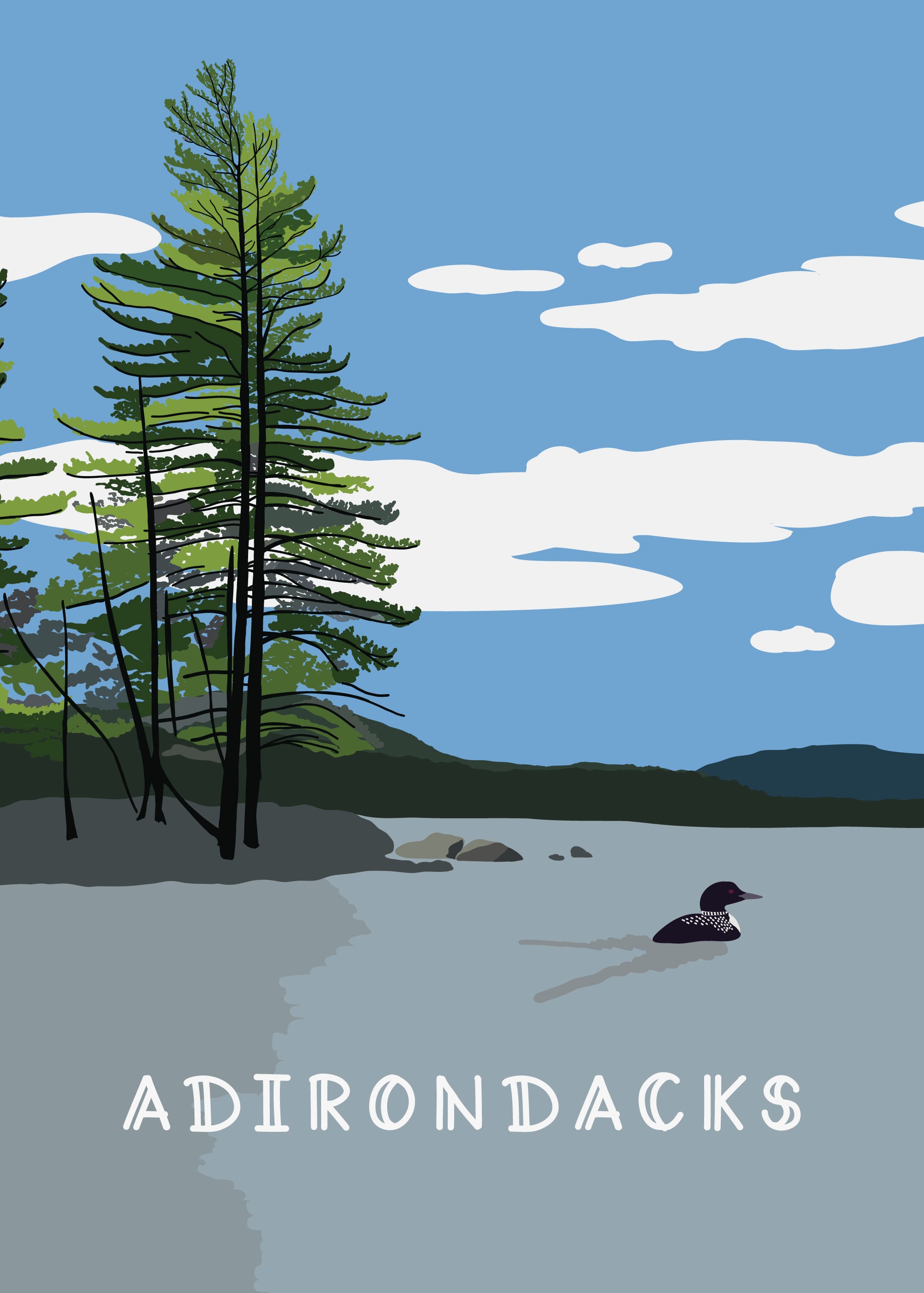 Illustration of a lake scene with trees and a bird, labeled 'Adirondacks'.