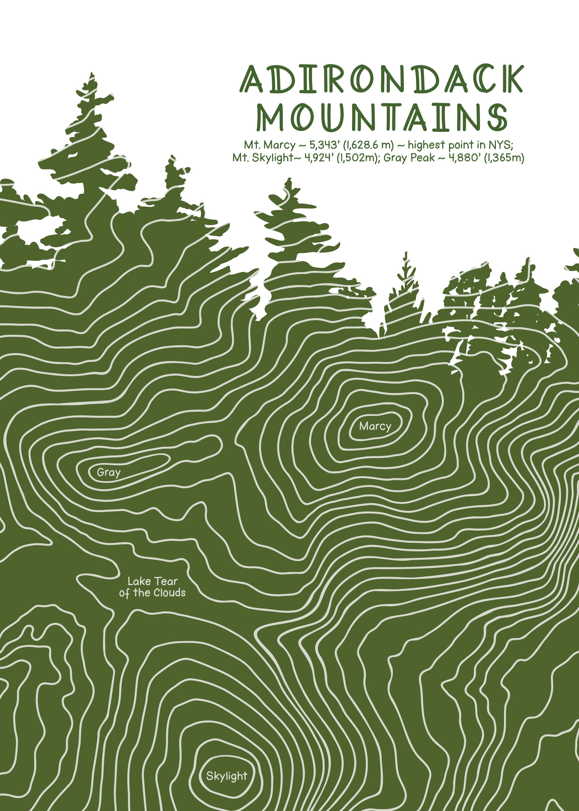 Topographic map art of Adirondack Mountains with green and white colors