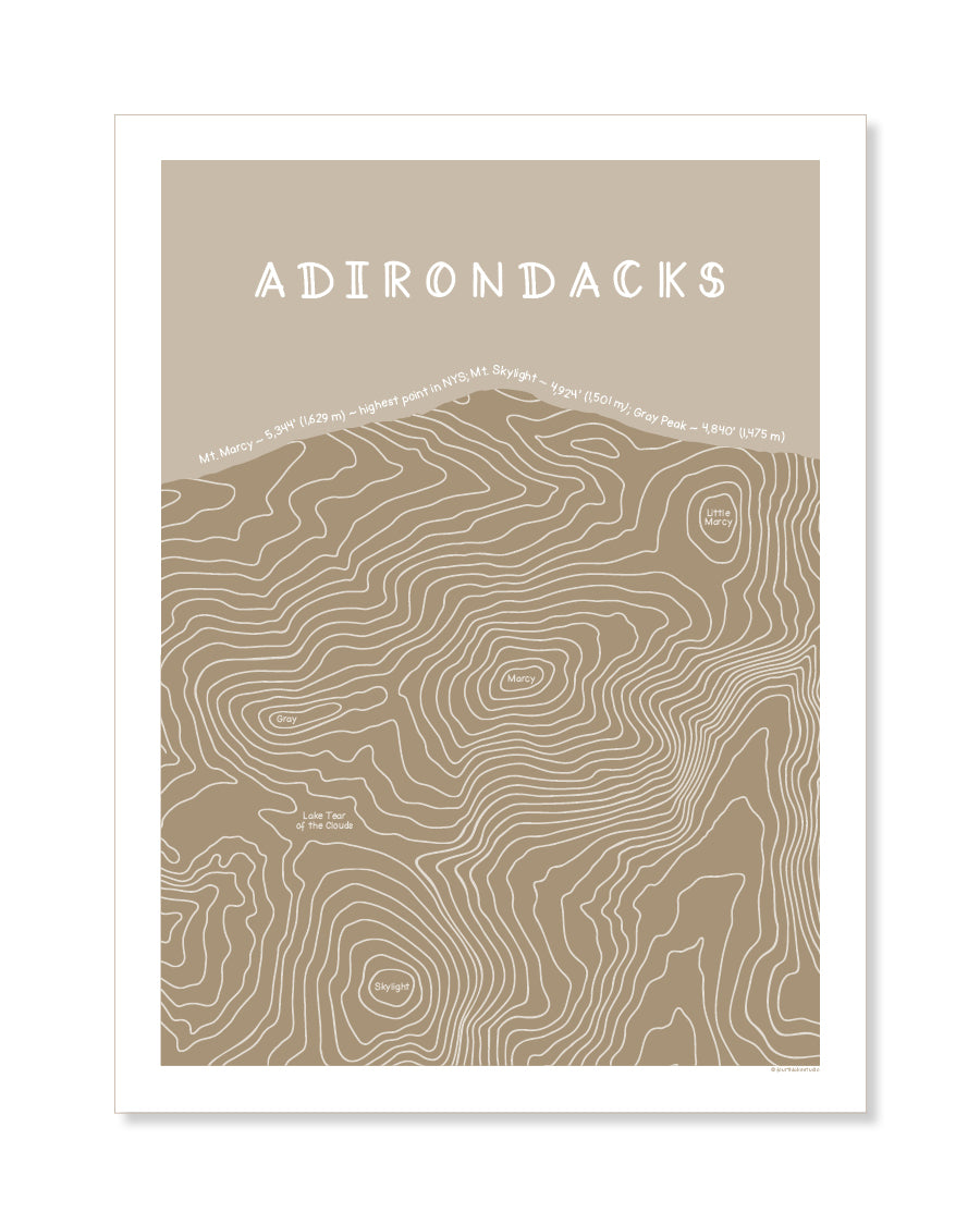 Topographic map of the Adirondacks with wavy lines on a beige/tan  background