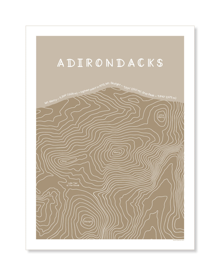 Topographic map of the Adirondacks with wavy lines on a beige/tan  background