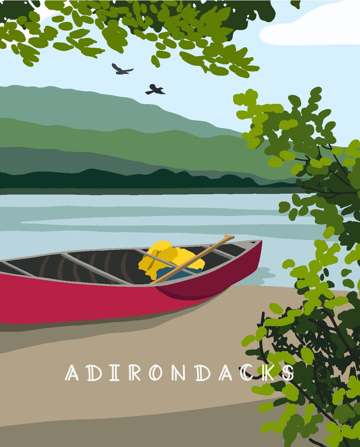Illustration of a red canoe on a lake with mountains and trees in the background, featuring the word &