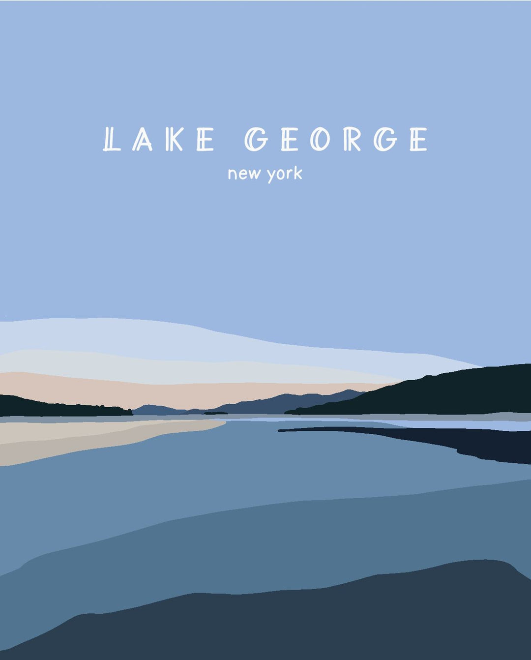 Simplified illustration of Lake George, New York with a blue sky and water at sunset.