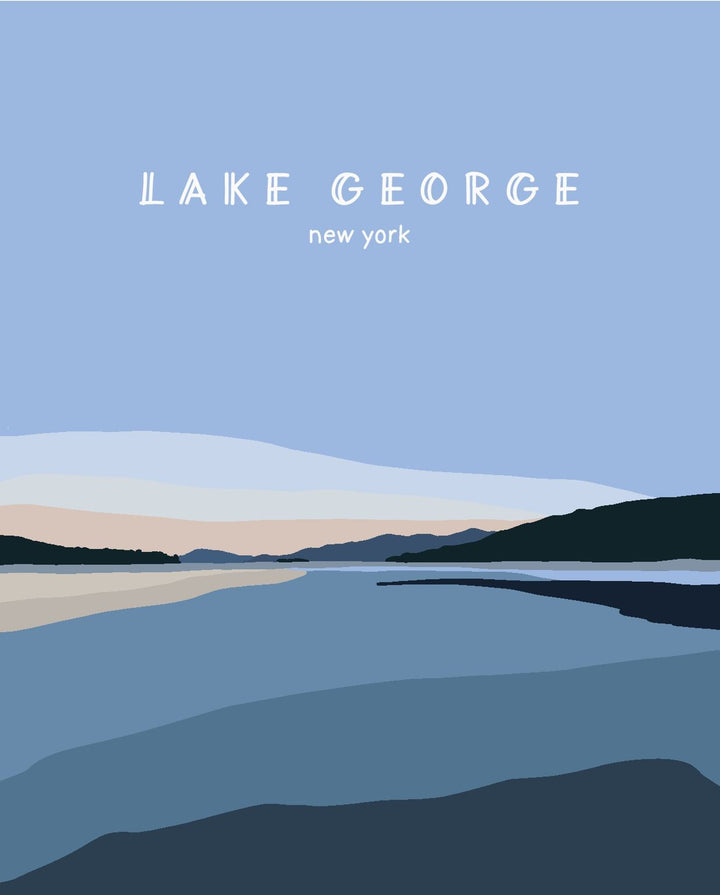 Simplified illustration of Lake George, New York with a blue sky and water at sunset.