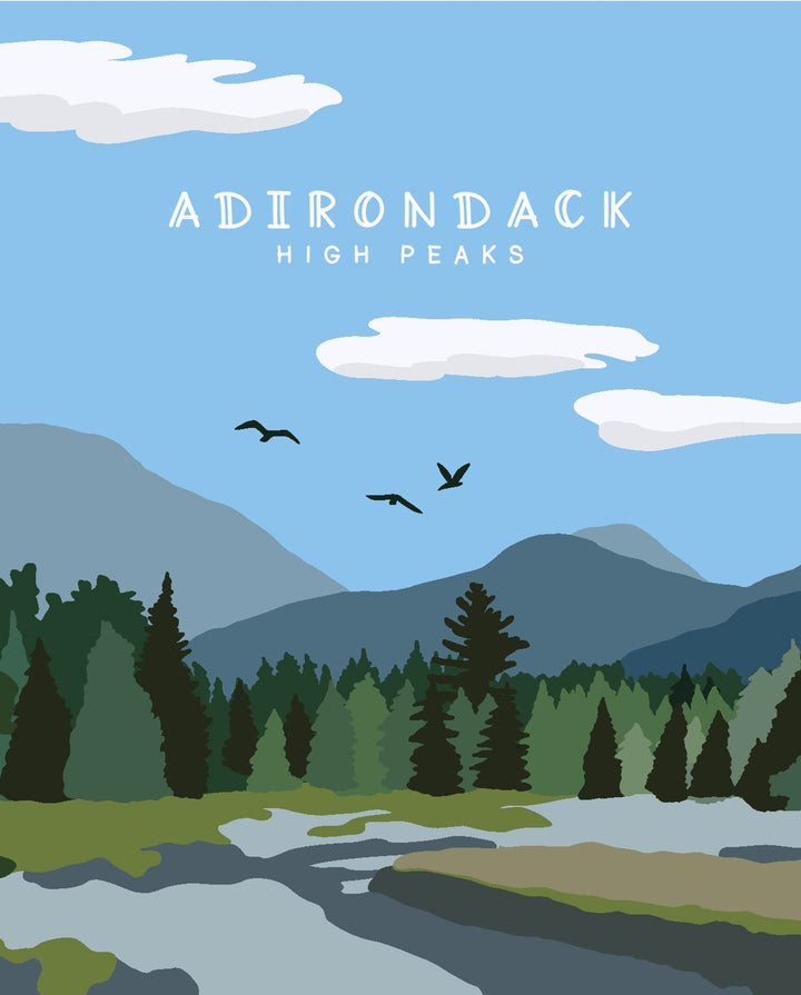 Illustration of a mountain landscape with trees and a lake, featuring the text &