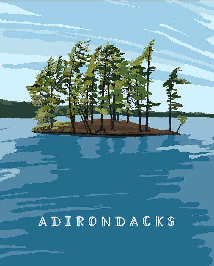 Illustration of a forested island in a lake with &