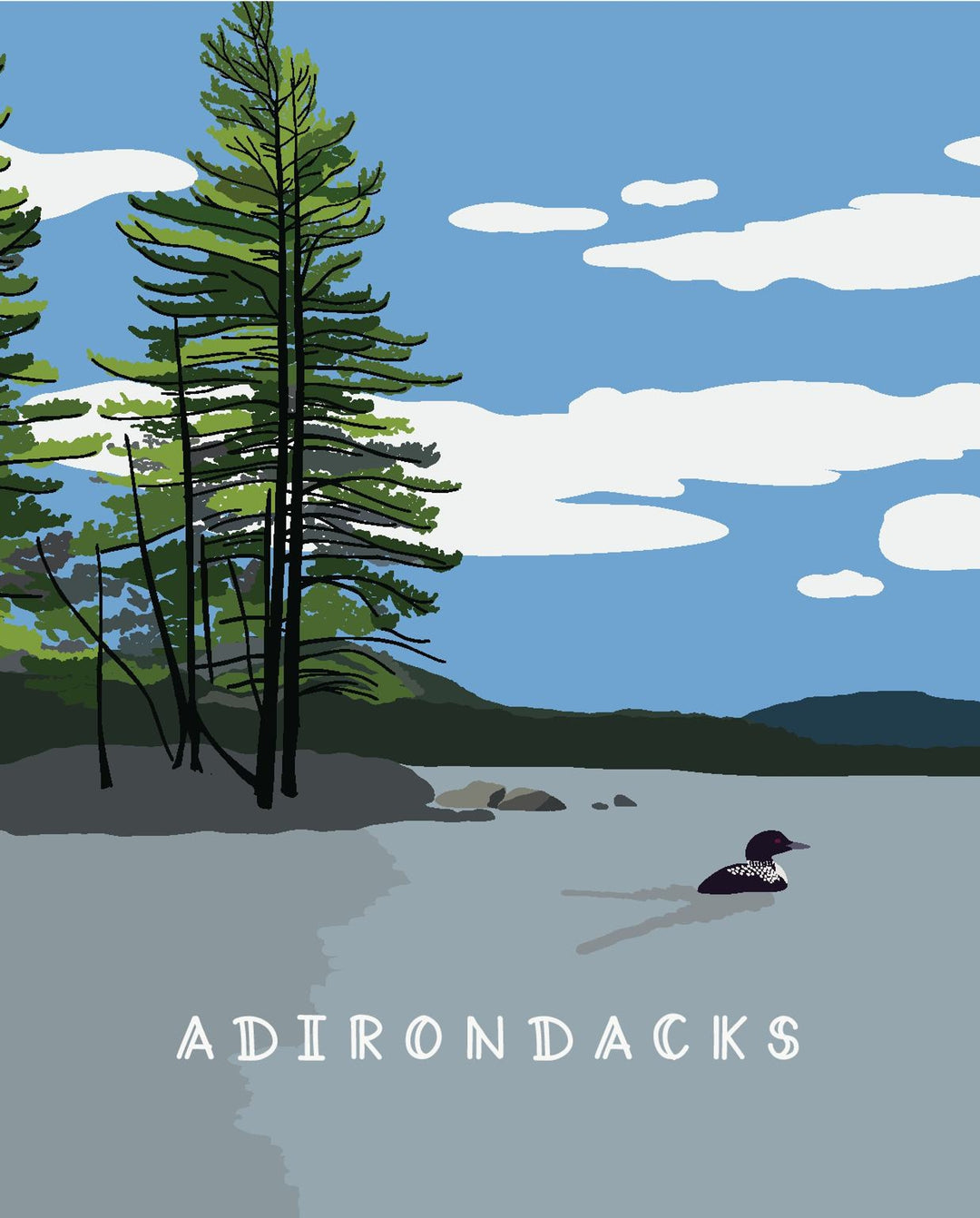Landscape of a lake with trees and mountains, featuring the word 'Adirondacks'.