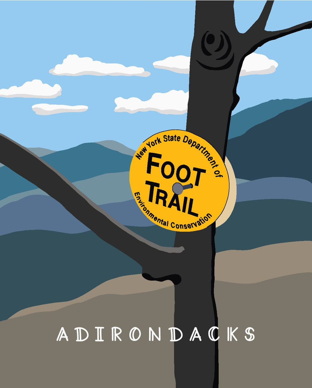 Foot trail sign on a tree with Adirondacks text and mountain background