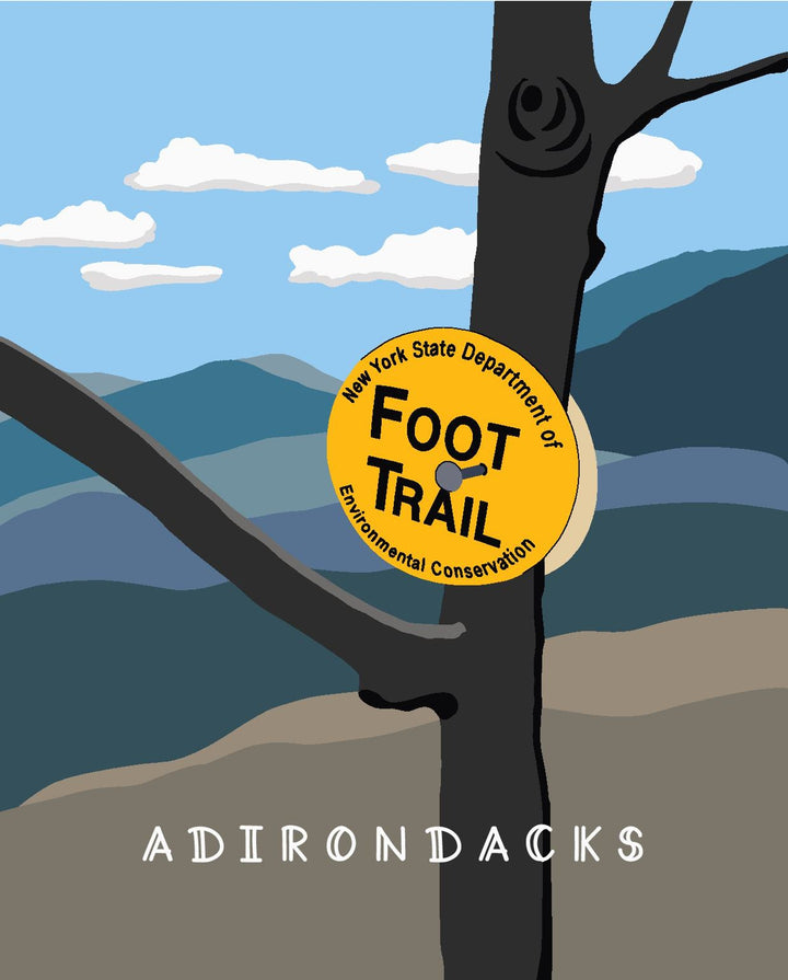 Foot trail sign on a tree with Adirondacks text and mountain background