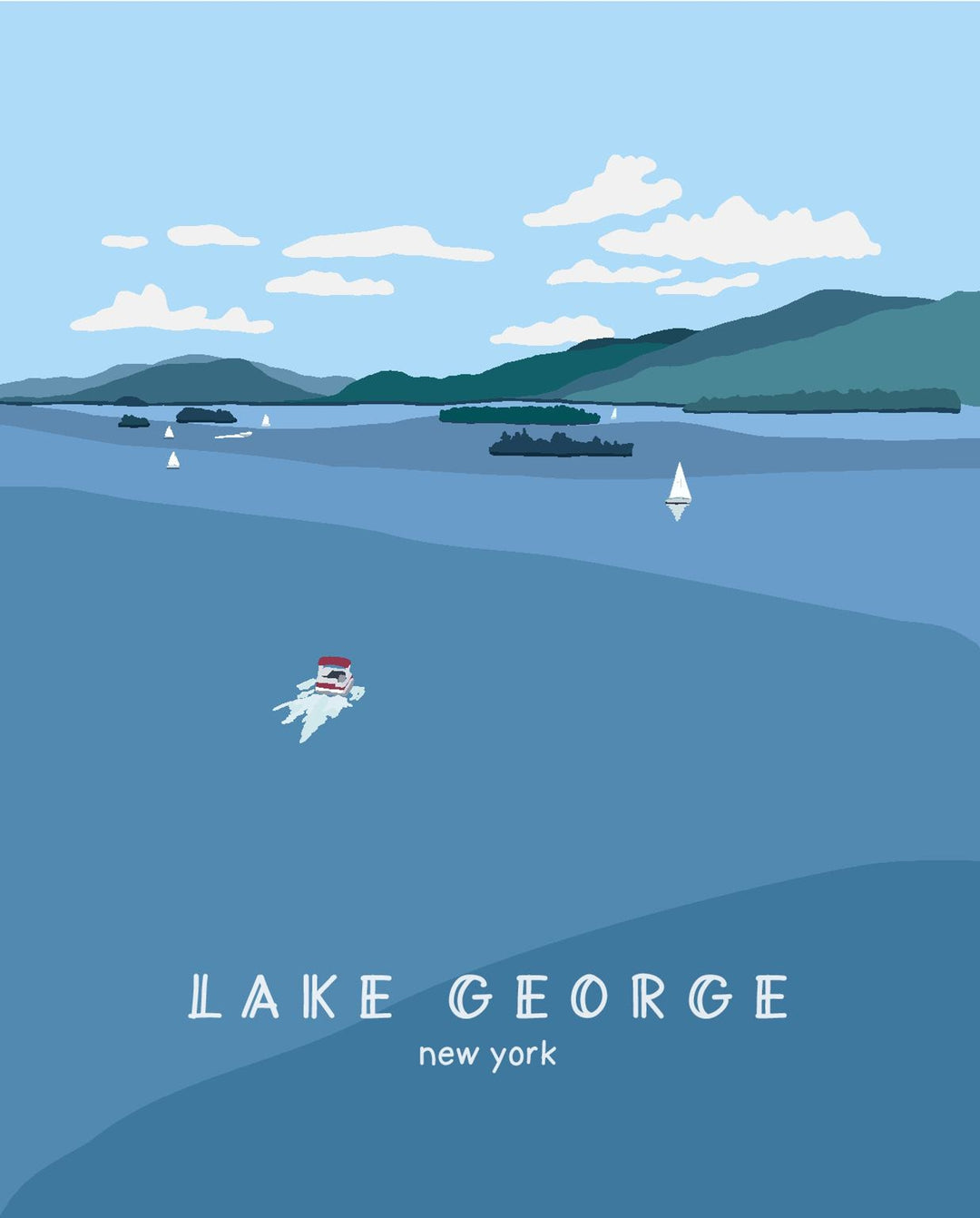 Illustration of Lake George, New York with boats on the water and mountains in the background.