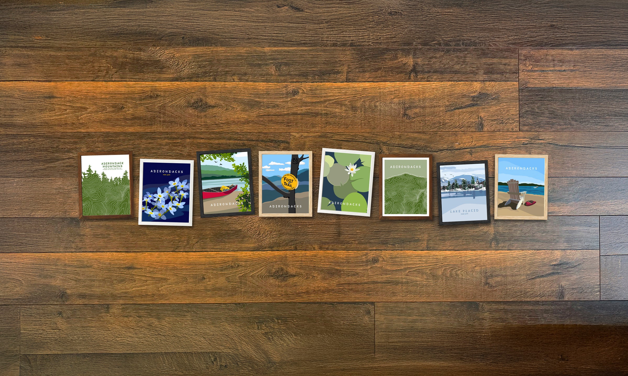 Framed artwork featuring scenes from New York State's Adirondack Park sitting on a wood background