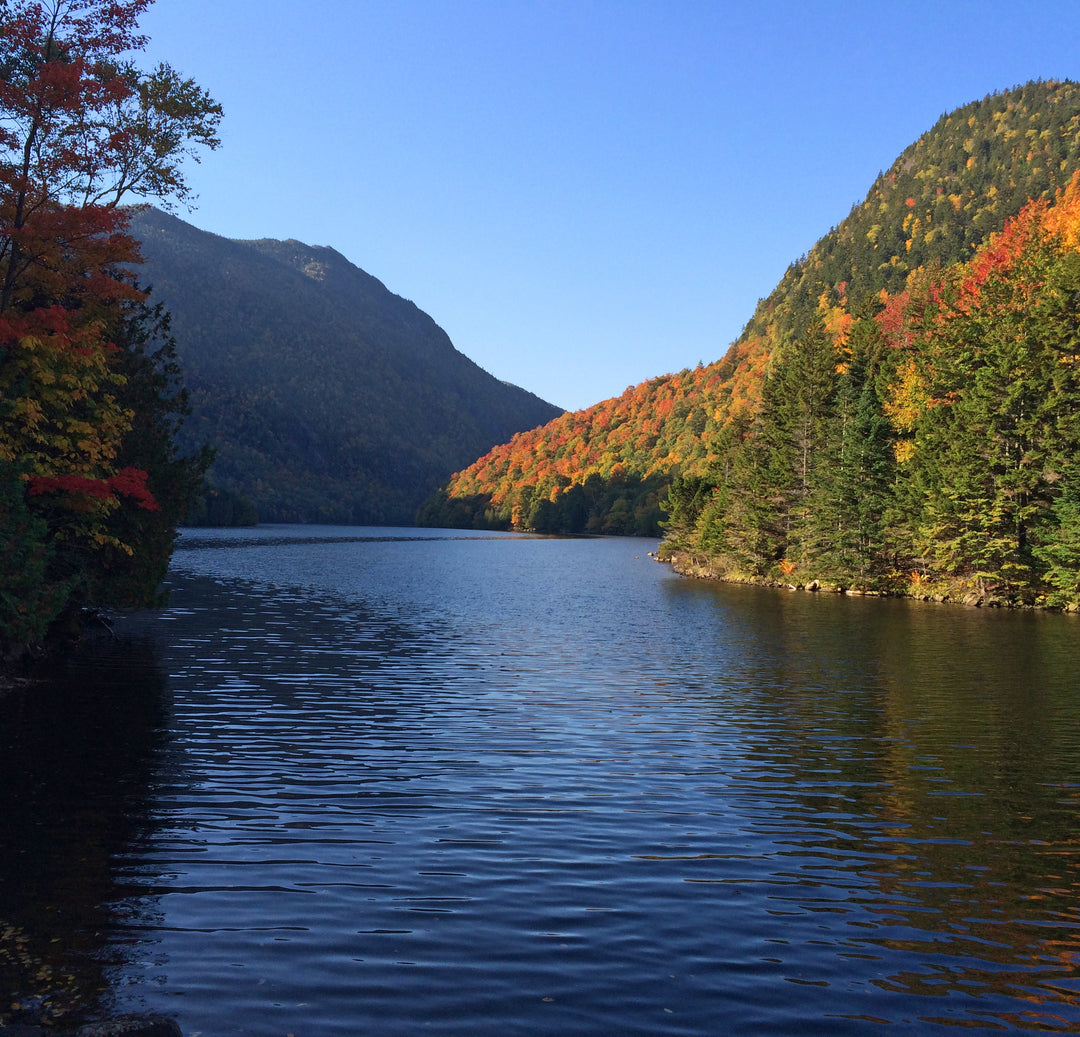 Lake surrounded by mountains with autumn foliage