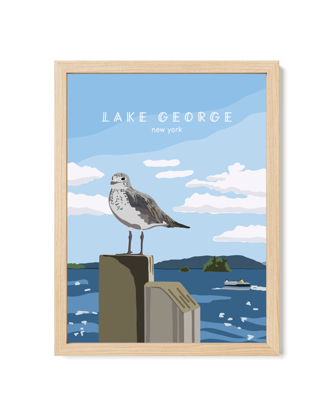 Framed artwork of a seagull on a dock with Lake George, New York text.