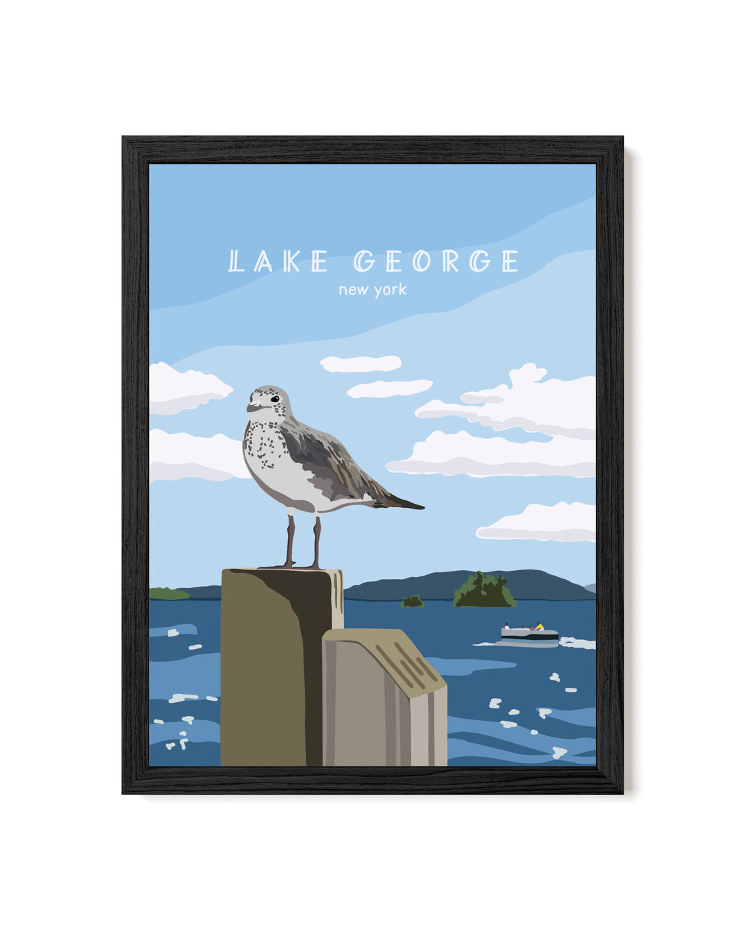 Framed artwork of a seagull on a dock with Lake George, New York text.