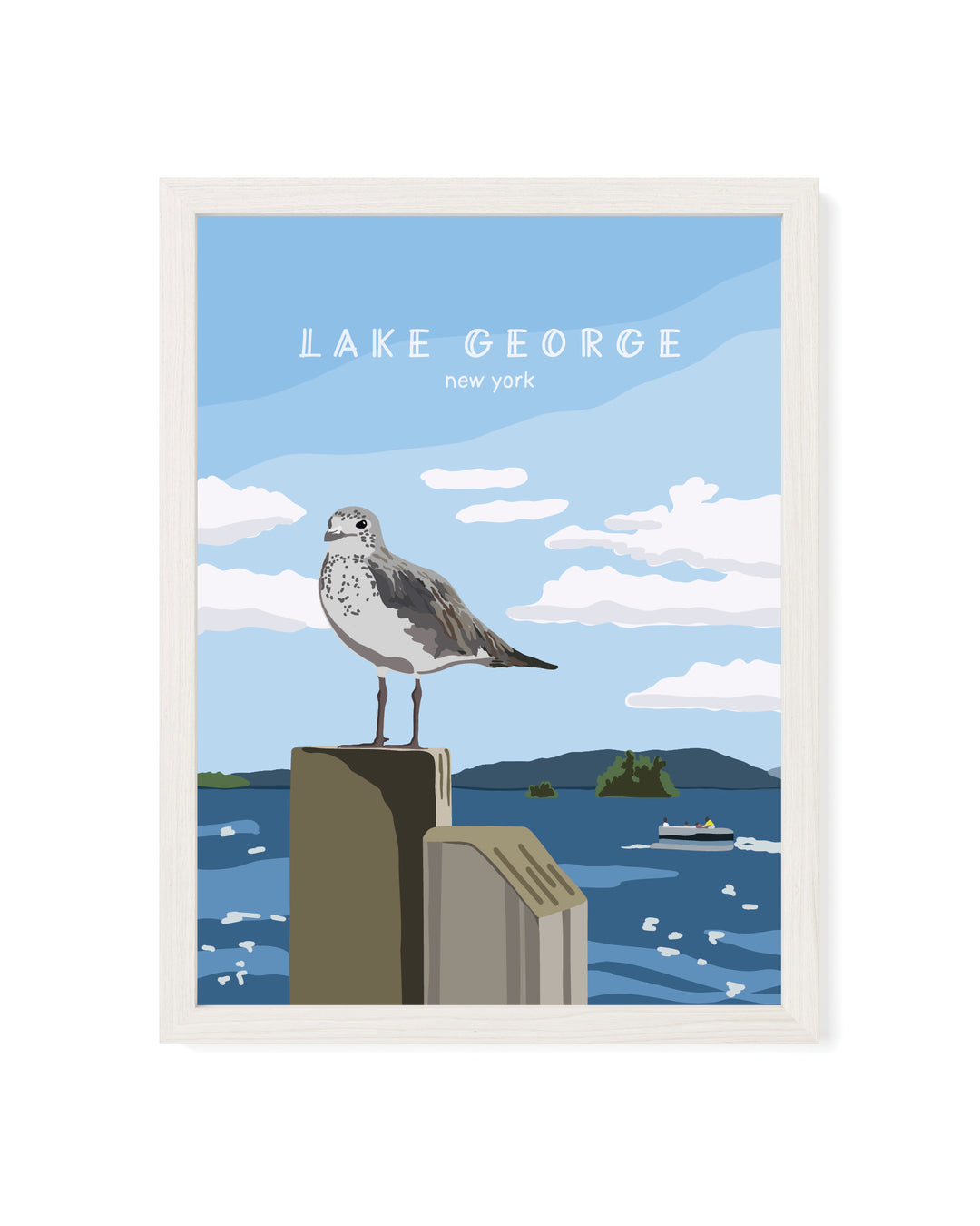Framed Illustration of a seagull on a dock with Lake George, New York text in the background.