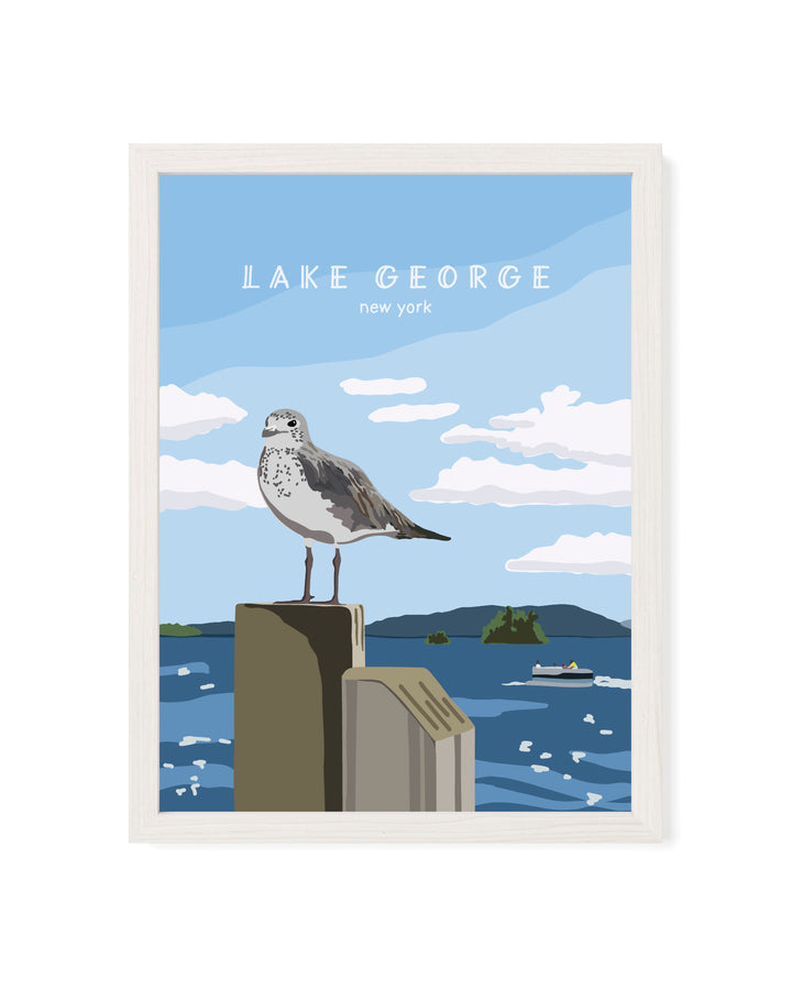 Framed Illustration of a seagull on a dock with Lake George, New York text in the background.
