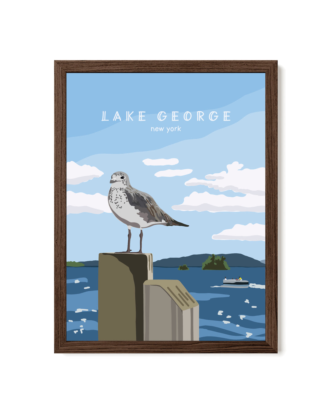 Framed artwork of a seagull on a dock with Lake George, New York text.