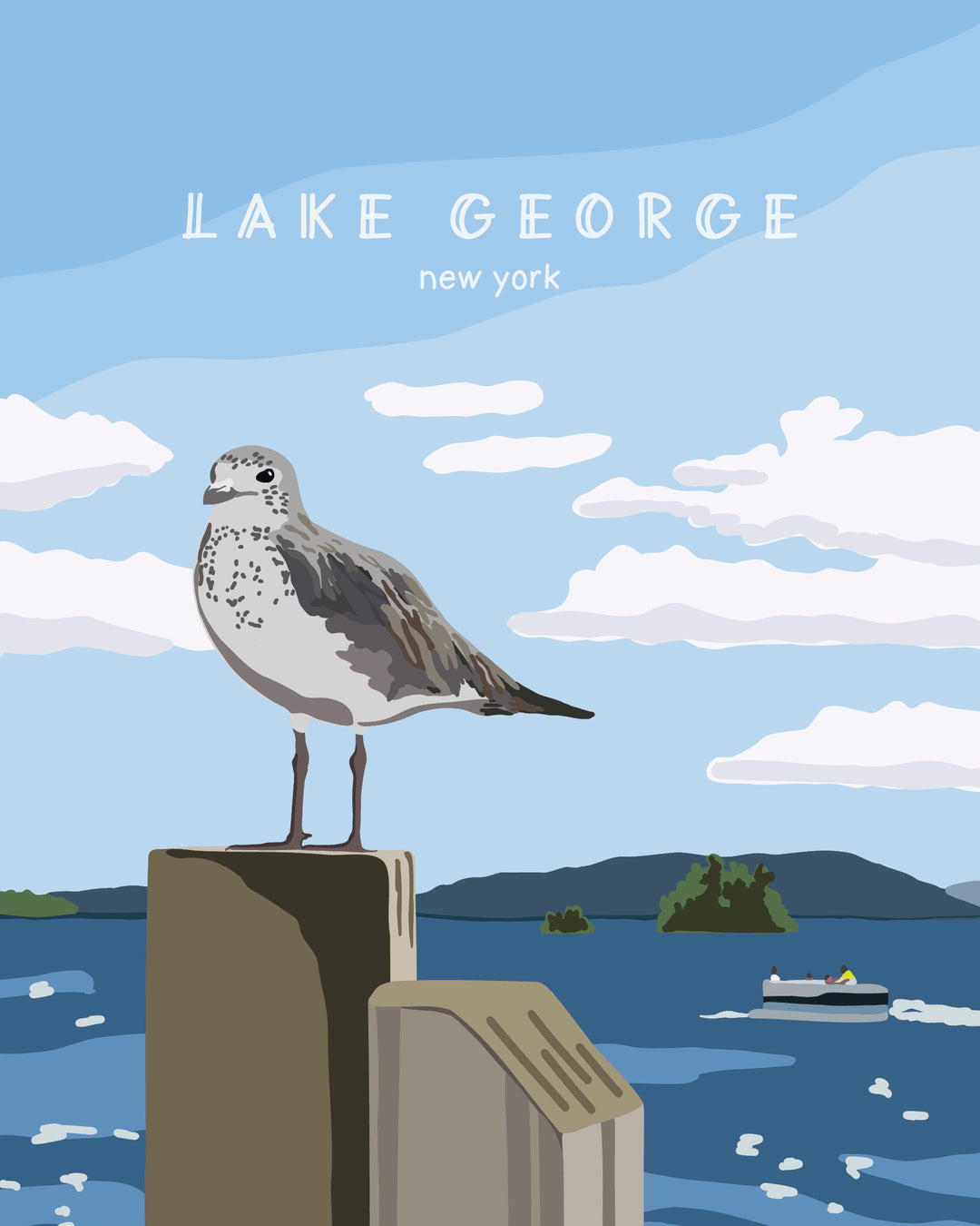 Illustration of a bird on a dock with Lake George, New York text and a boat in the background.