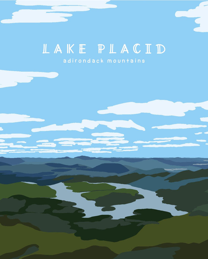 Illustration of Lake Placid with mountains and clouds in a stylized manner.