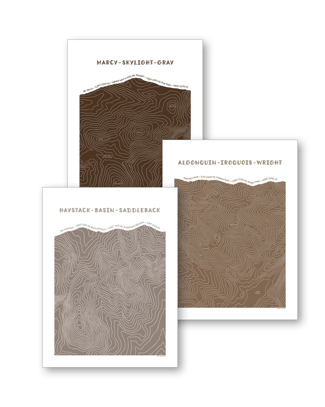 Set of three topographic map art prints of Mount Marcy, Skylight & Gray, Algonquin, Iroquois & Wright Peaks, Haystack, Basin and Saddleback peaks in brown line patterns on a white background