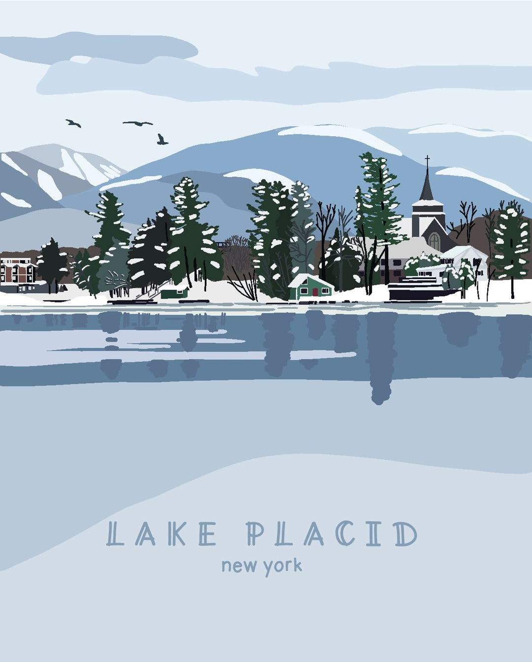 Illustration of Lake Placid, New York with a snowy landscape and mountains.