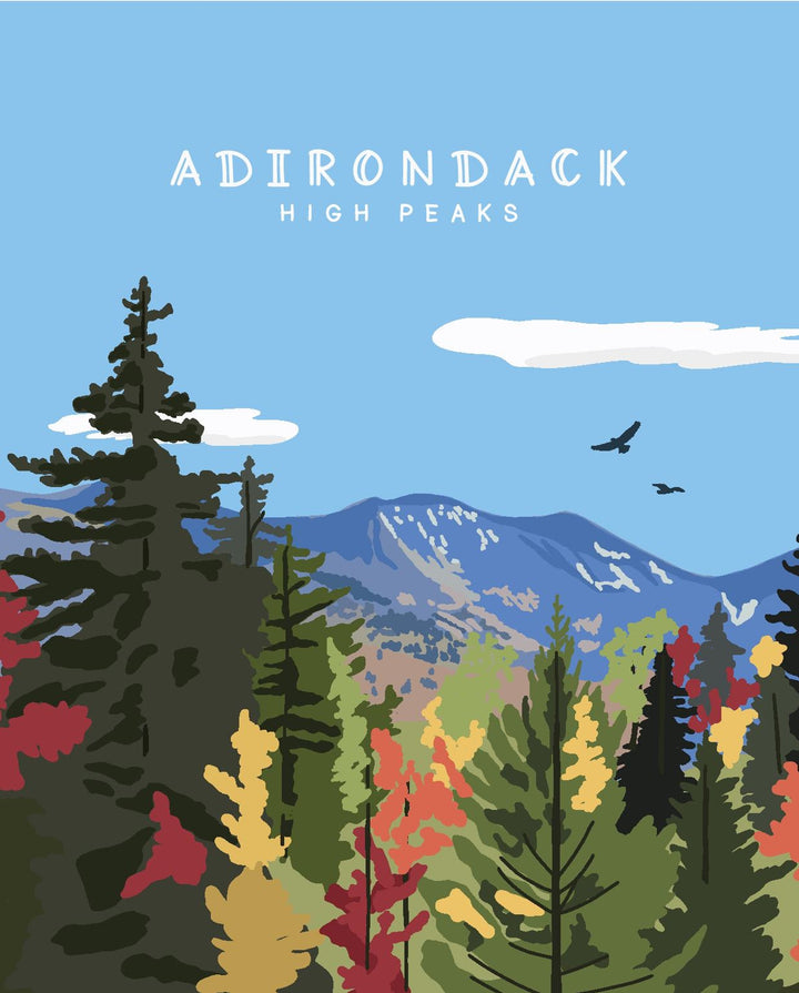 Illustration of Adirondack High Peaks with trees and mountains.