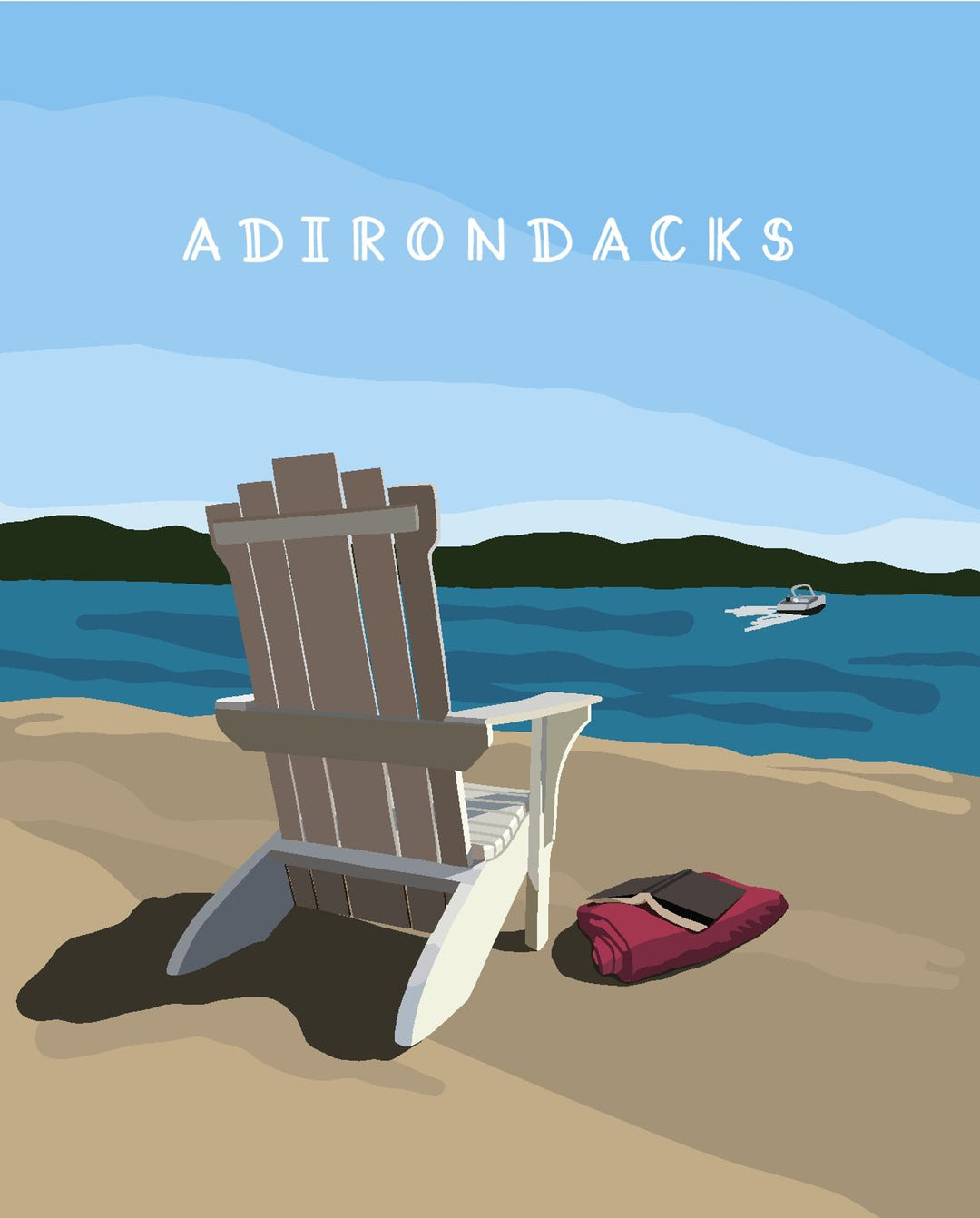Adirondack chair on a sandy beach with a lake and mountains in the background, featuring the word 'Adirondacks'.