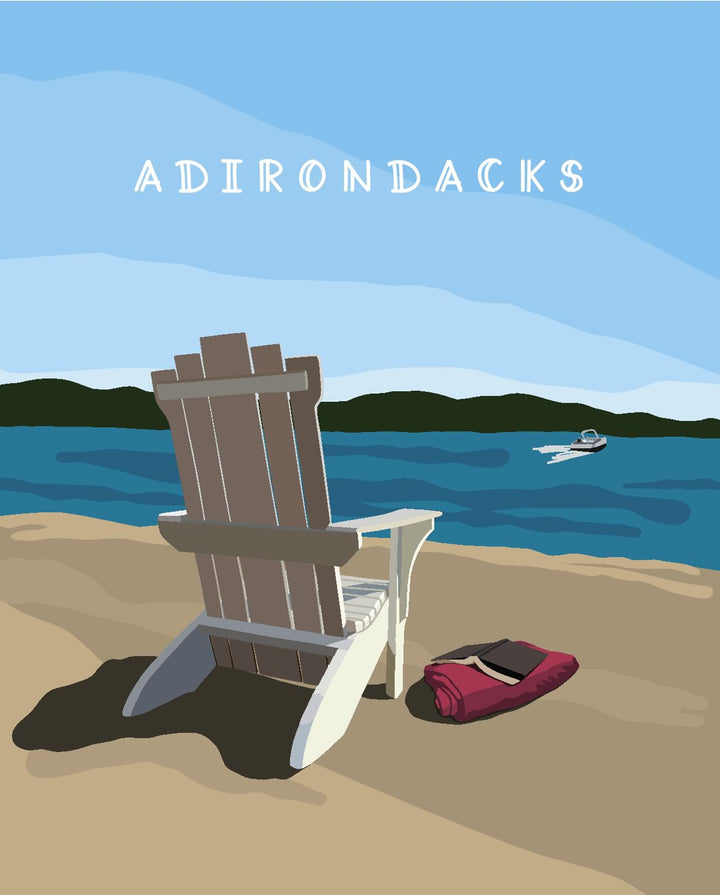 Adirondack chair on a sandy beach with a lake and mountains in the background, featuring the word &