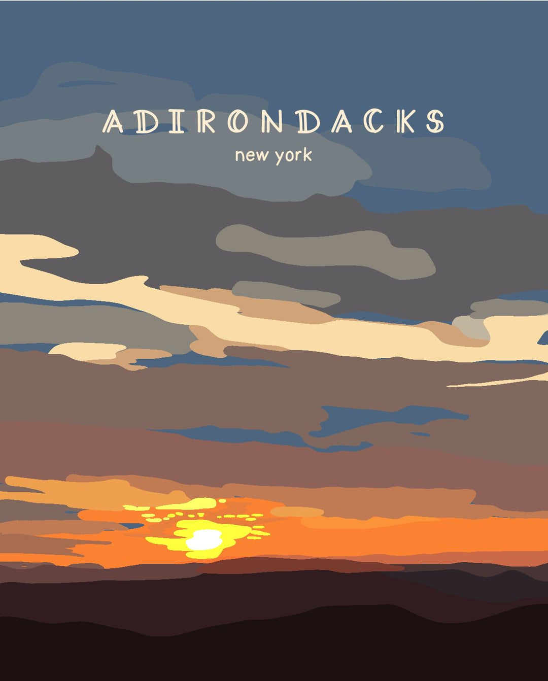 Artistic depiction of a sunset over mountains with 'Adirondacks, New York' text.
