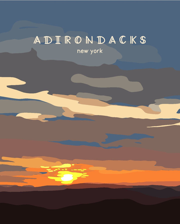 Artistic depiction of a sunset over mountains with &