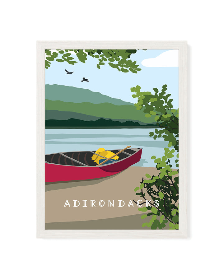 Illustration of a red canoe on a dock with mountains and trees in the background, labeled &