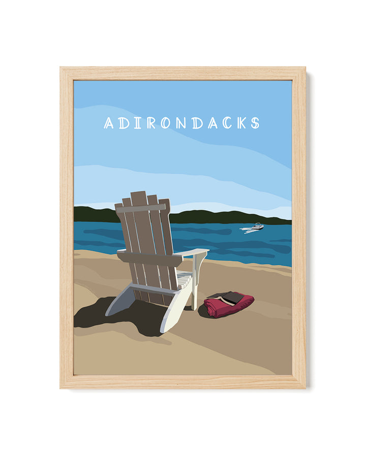 Framed artwork of a beach scene with Adirondacks text, chair, and sandals.