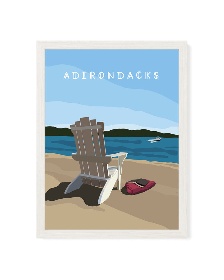 Framed artwork of a beach scene with Adirondacks text, chairs, and a boat.