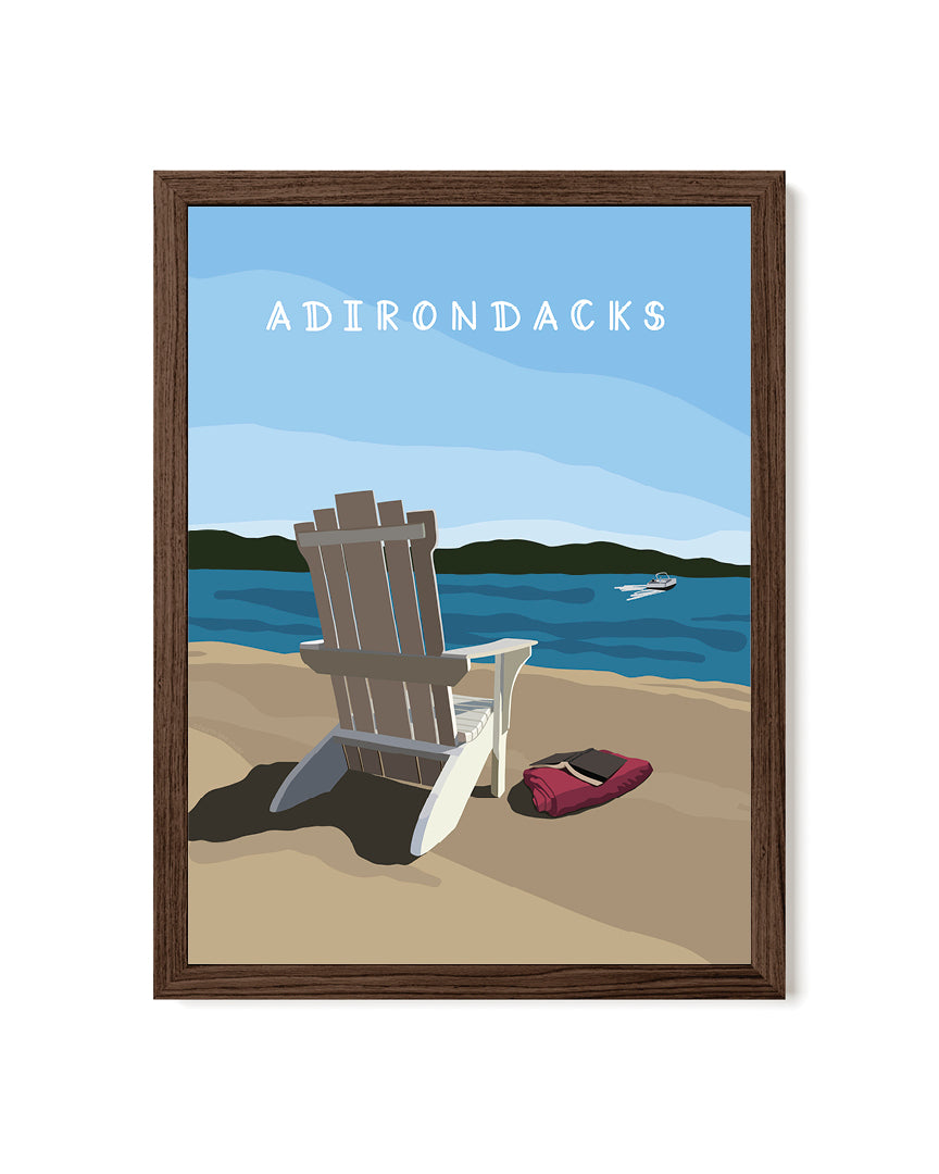 Framed artwork of Adirondacks with a beach scene, chair, and lake.