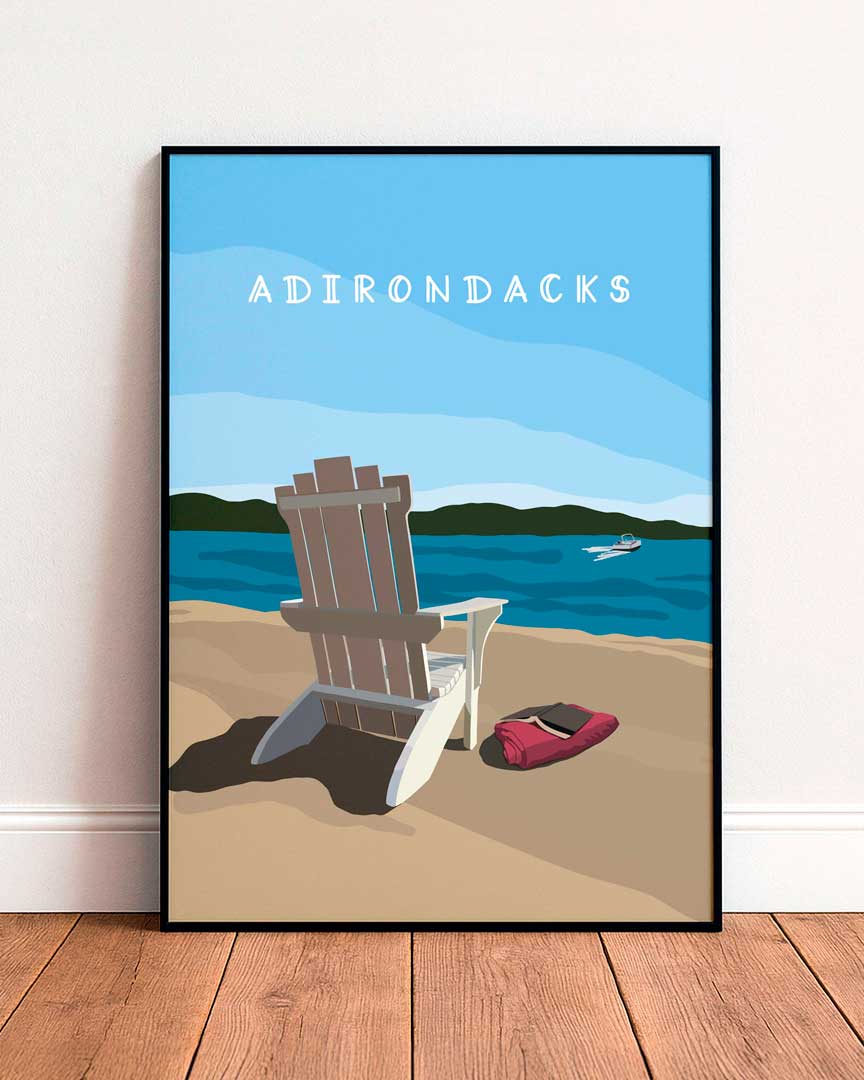 Illustration of Adirondack Chair sitting on a beach looking at the water and mountains. Words Adirondacks at the top.