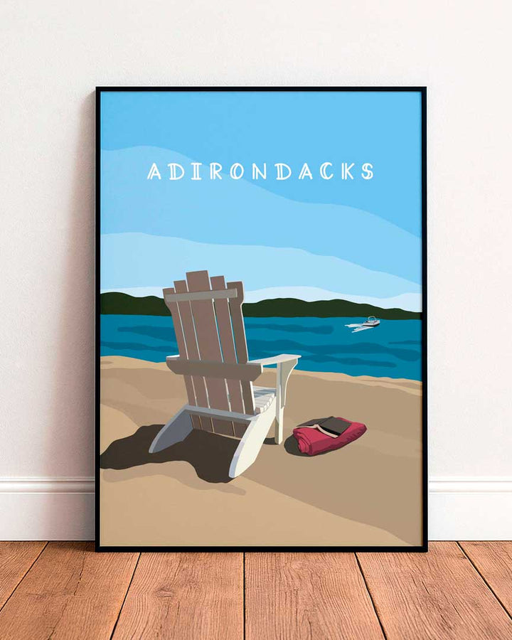 Illustration of Adirondack Chair sitting on a beach looking at the water and mountains. Words Adirondacks at the top.