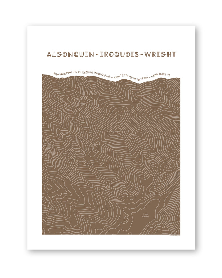 Topographic map art of Algonquin, Iroquois and Wright peaks in brown line patterns on a white background