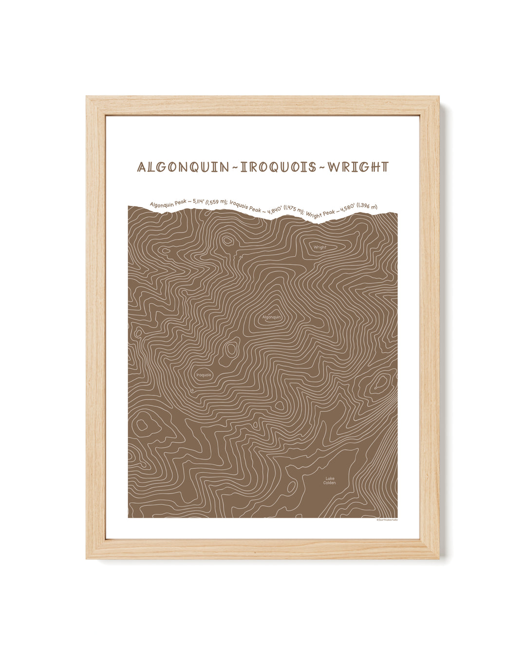 Natural framed topographic map art of Algonquin, Iroquois and Wright peaks in brown line patterns on a white background
