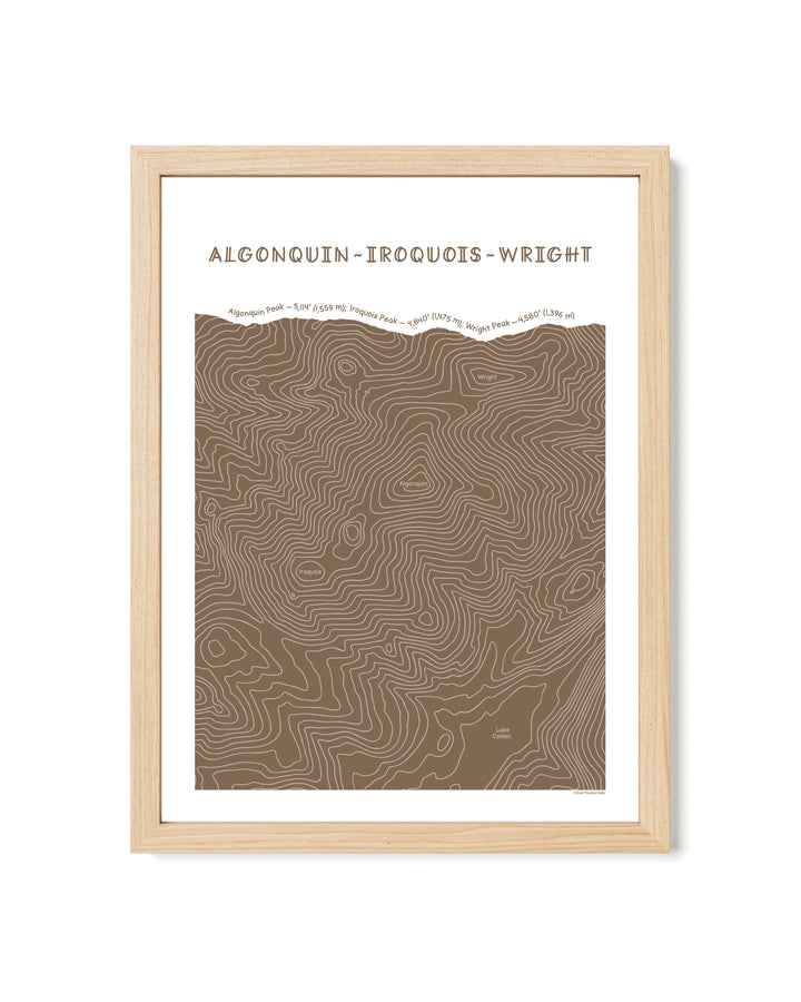 Natural framed topographic map art of Algonquin, Iroquois and Wright peaks in brown line patterns on a white background