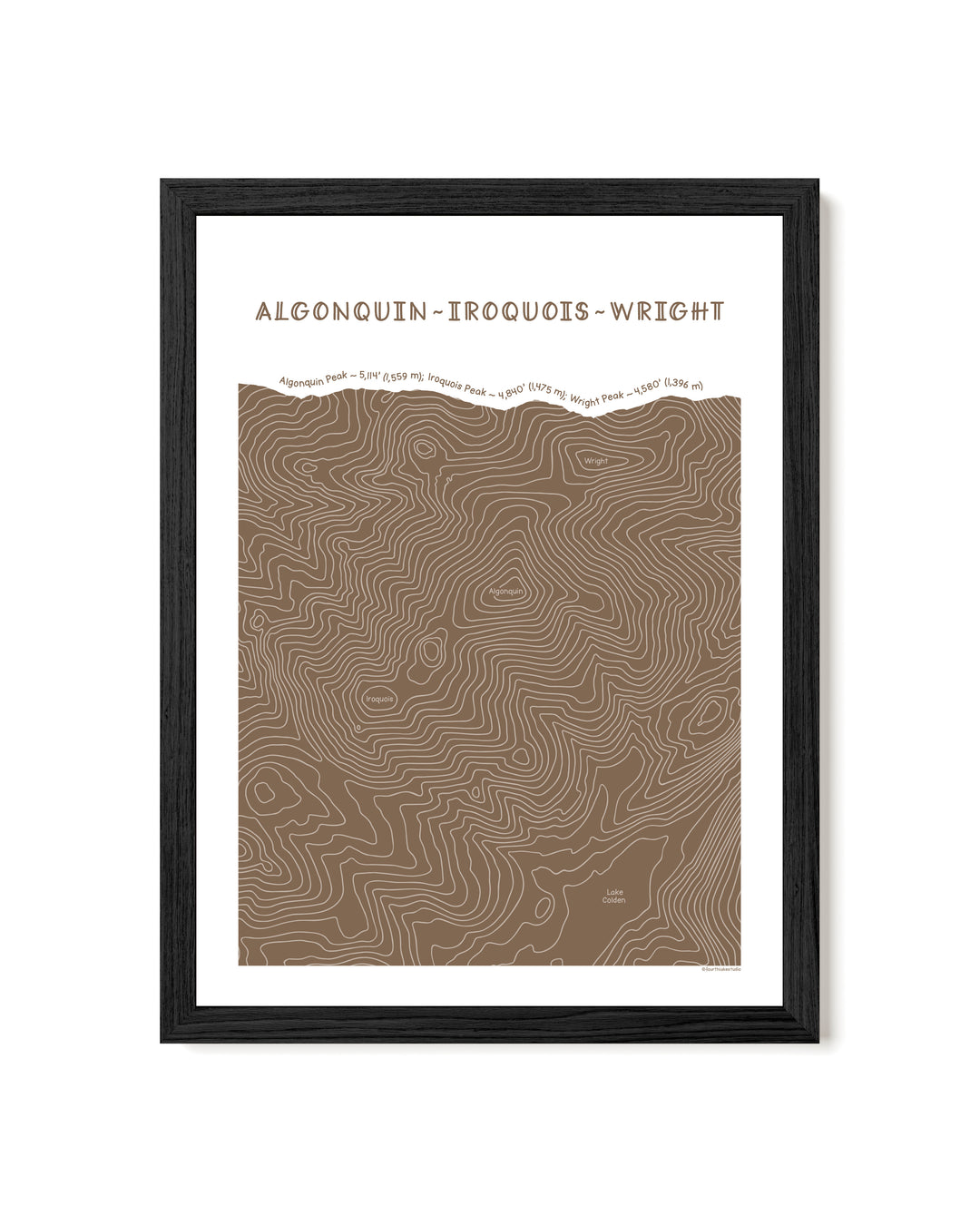 Black framed topographic map art of Algonquin, Iroquois and Wright peaks in brown line patterns on a white background