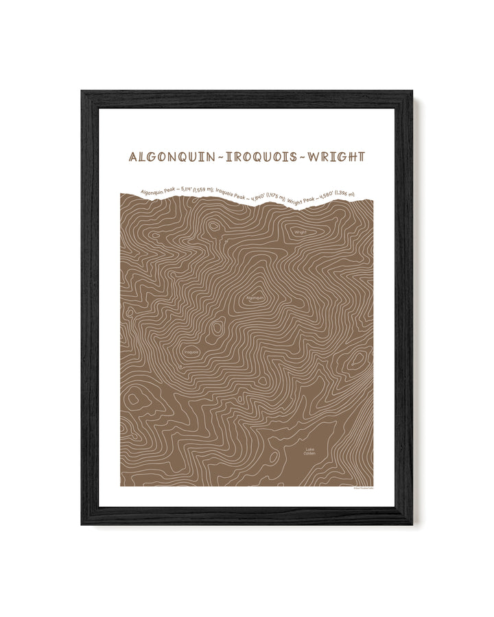 Black framed topographic map art of Algonquin, Iroquois and Wright peaks in brown line patterns on a white background