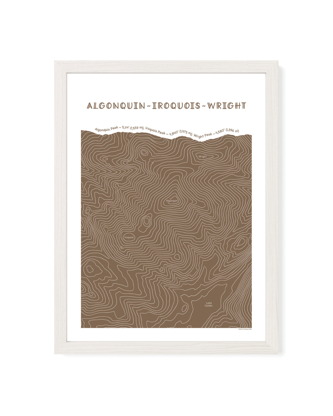 White framed topographic map art of Algonquin, Iroquois and Wright peaks in brown line patterns on a white background