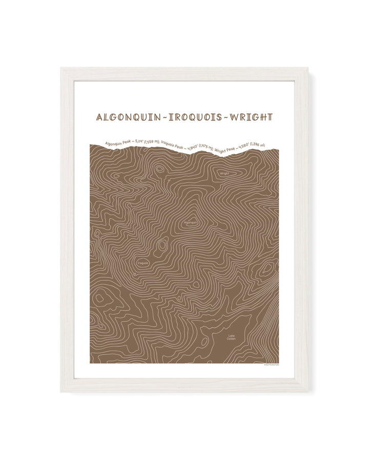 White framed topographic map art of Algonquin, Iroquois and Wright peaks in brown line patterns on a white background
