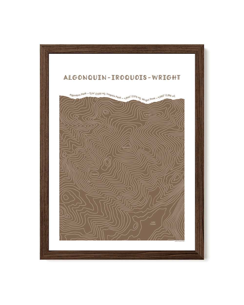 Walnut framed topographic map art of Algonquin, Iroquois and Wright peaks in brown line patterns on a white background