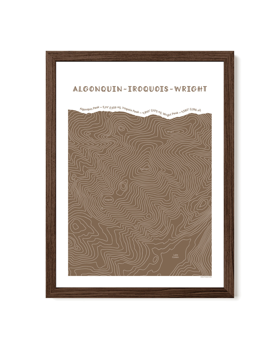 Walnut framed topographic map art of Algonquin, Iroquois and Wright peaks in brown line patterns on a white background