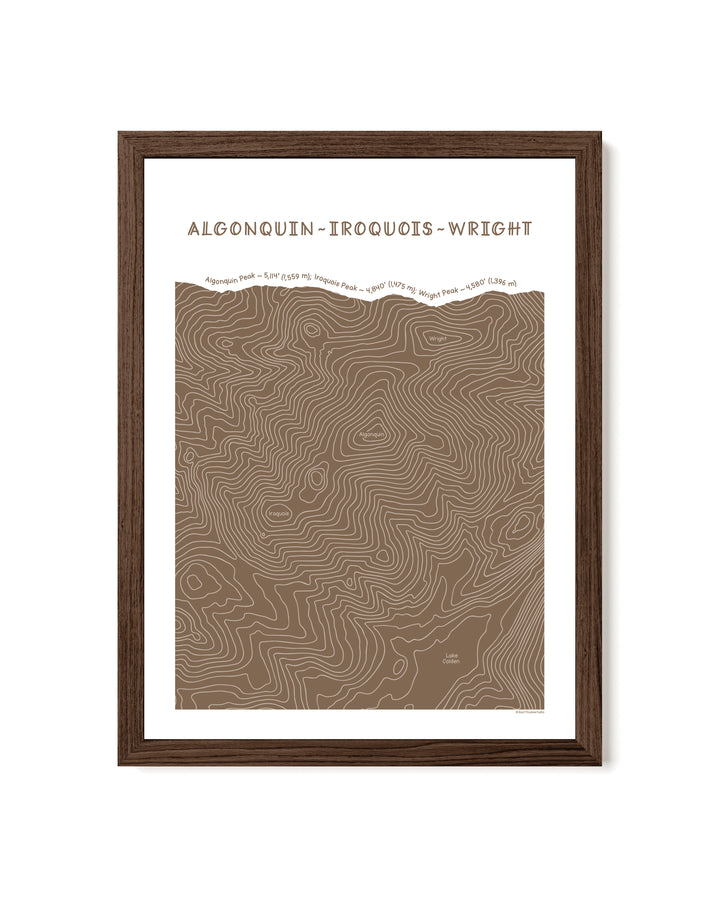 Walnut framed topographic map art of Algonquin, Iroquois and Wright peaks in brown line patterns on a white background