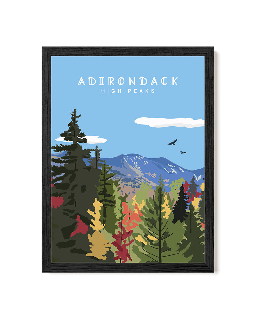 Framed artwork of a mountain landscape with trees and &