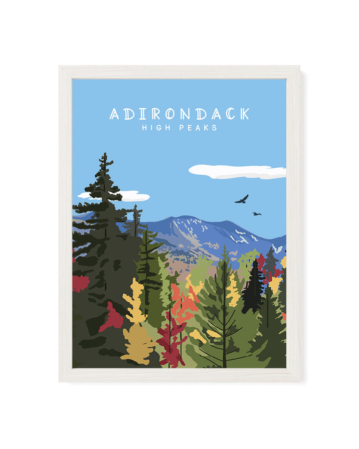 Framed artwork of a forest scene with mountains and &