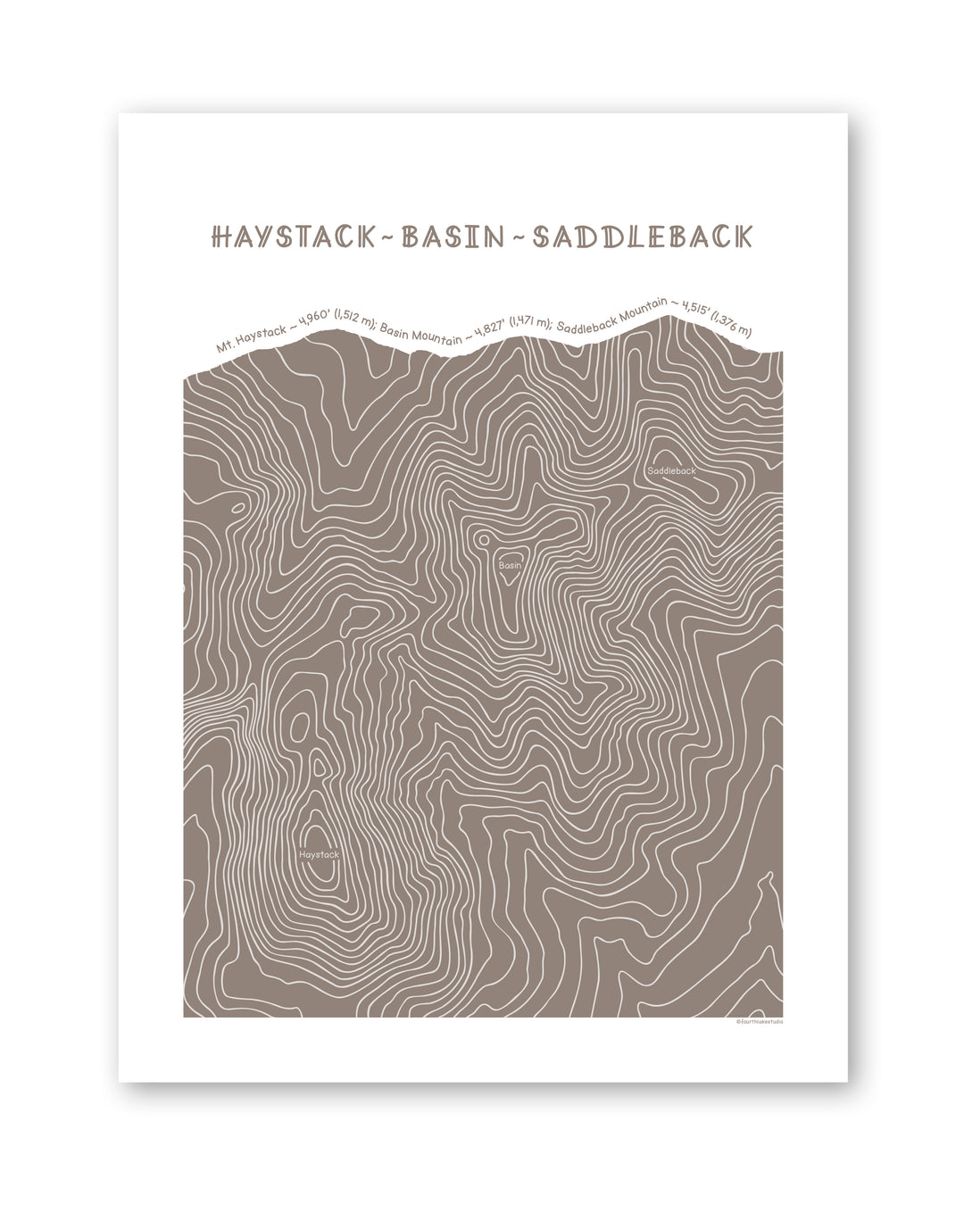 Topographic map art of Haystack, Basin and Saddleback peaks in brown line patterns on a white background