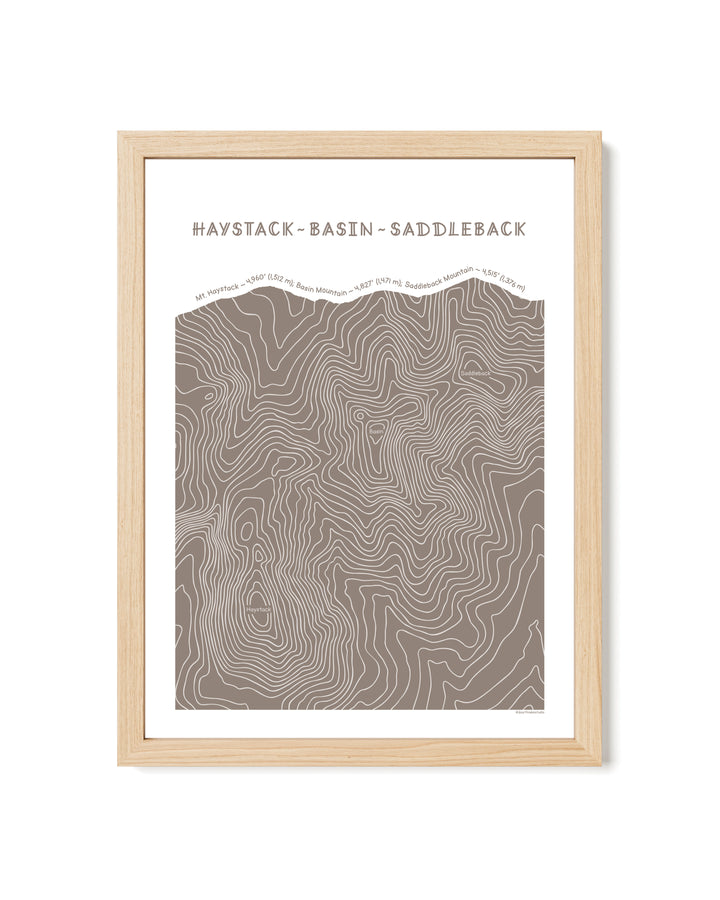 Natural framed topographic map art of Haystack, Basin and Saddleback peaks in brown line patterns on a white background