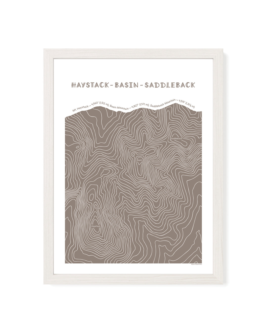 White framed topographic map art of Haystack, Basin and Saddleback peaks in brown line patterns on a white background